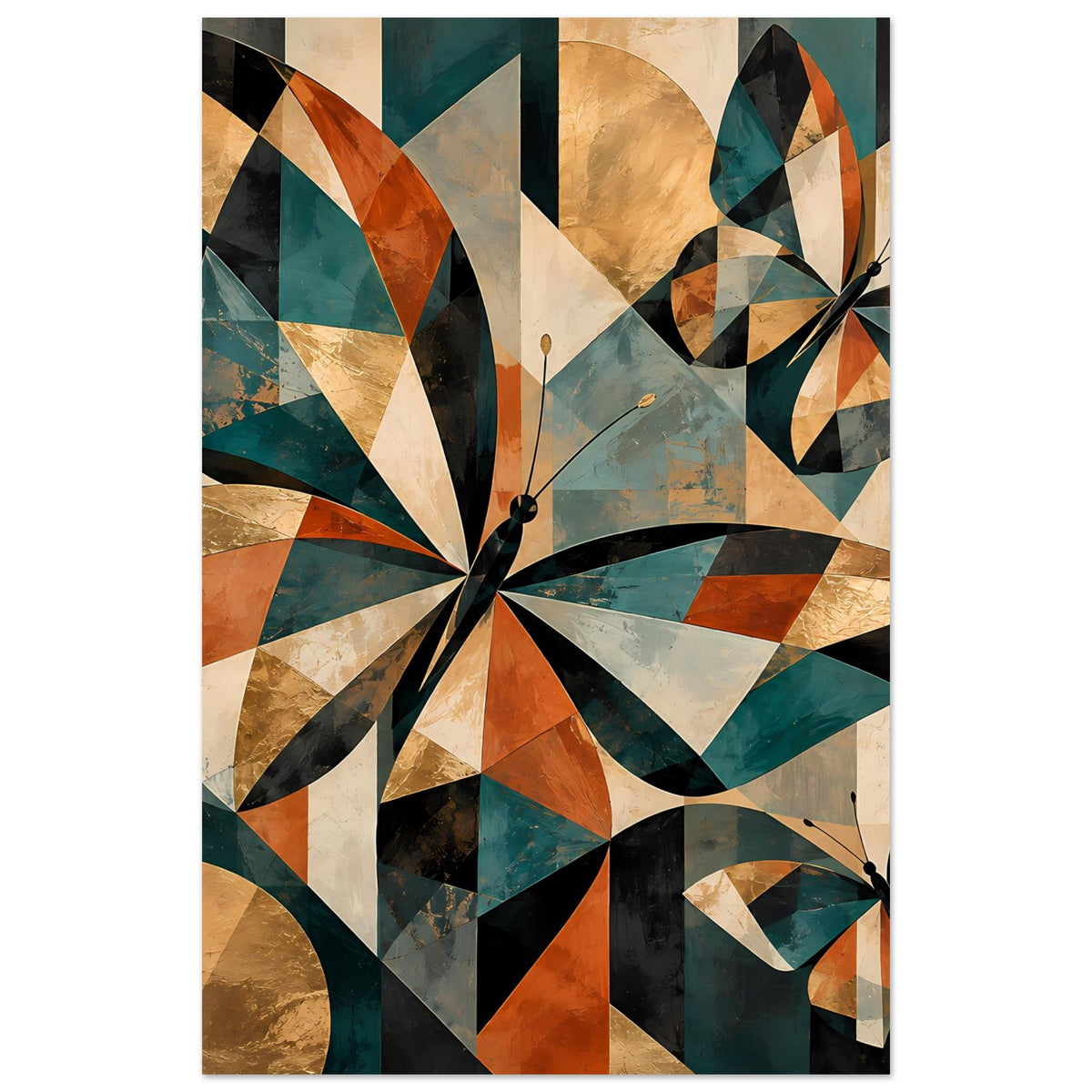 Kunstposter im Hochformat mit geometrischen Schmetterlingen, warmes Beige, Grün und Orange