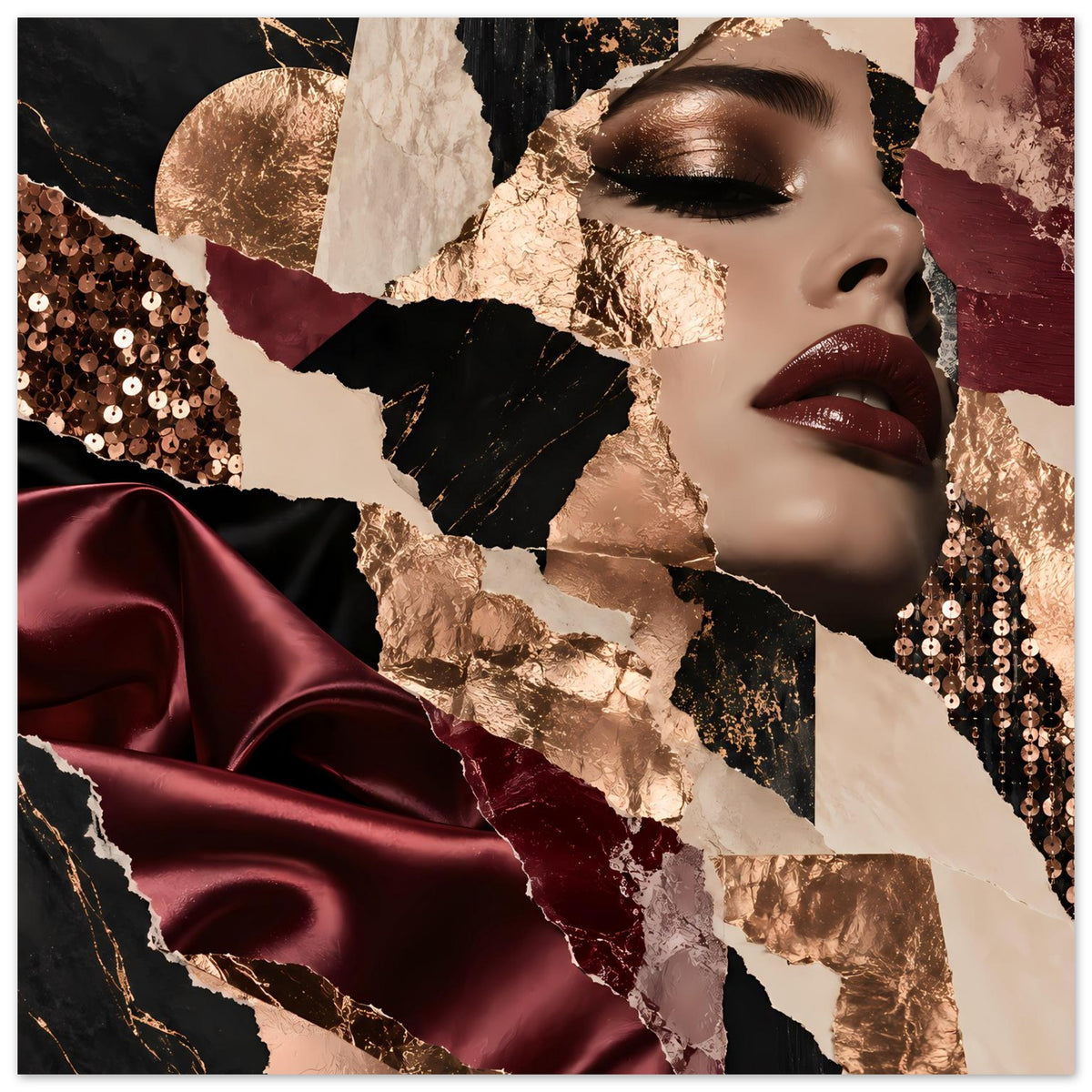 Fashion-Collage-Poster, breites Motiv mit Frauengesicht, Bordeaux-Satin, Goldfolie und Pailletten
