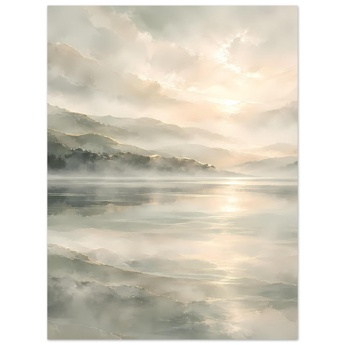 Poster: Hochformat mit Berg- und Seeblick, goldenes Abendlicht und Nebelschichten, matt