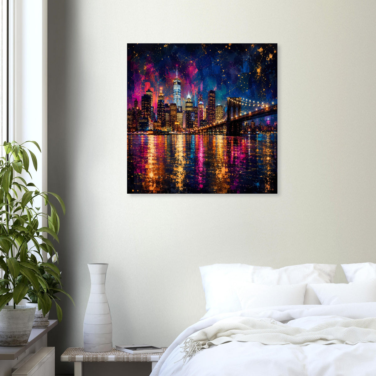Quadratisches Stadtposter mit nächtlicher Skyline und Hängebrücke über spiegelndem Wasser