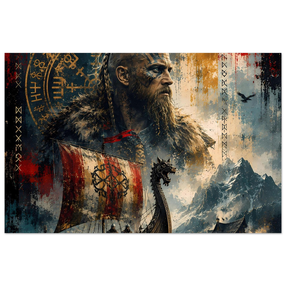 Wikinger-Legendenposter, horizontal: Krieger im Vordergrund, Drakkar und Berge rechts