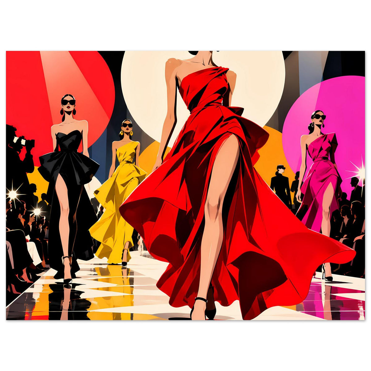 Fashion-Poster im Querformat: Frau im roten Kleid, Pop-Art-Szene mit Modellen