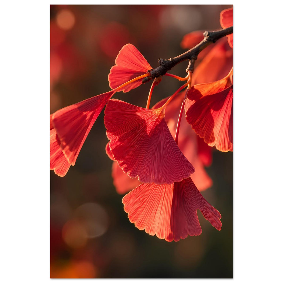 Poster im Hochformat mit roten Ginkgo-Blättern und dunklem Ast
