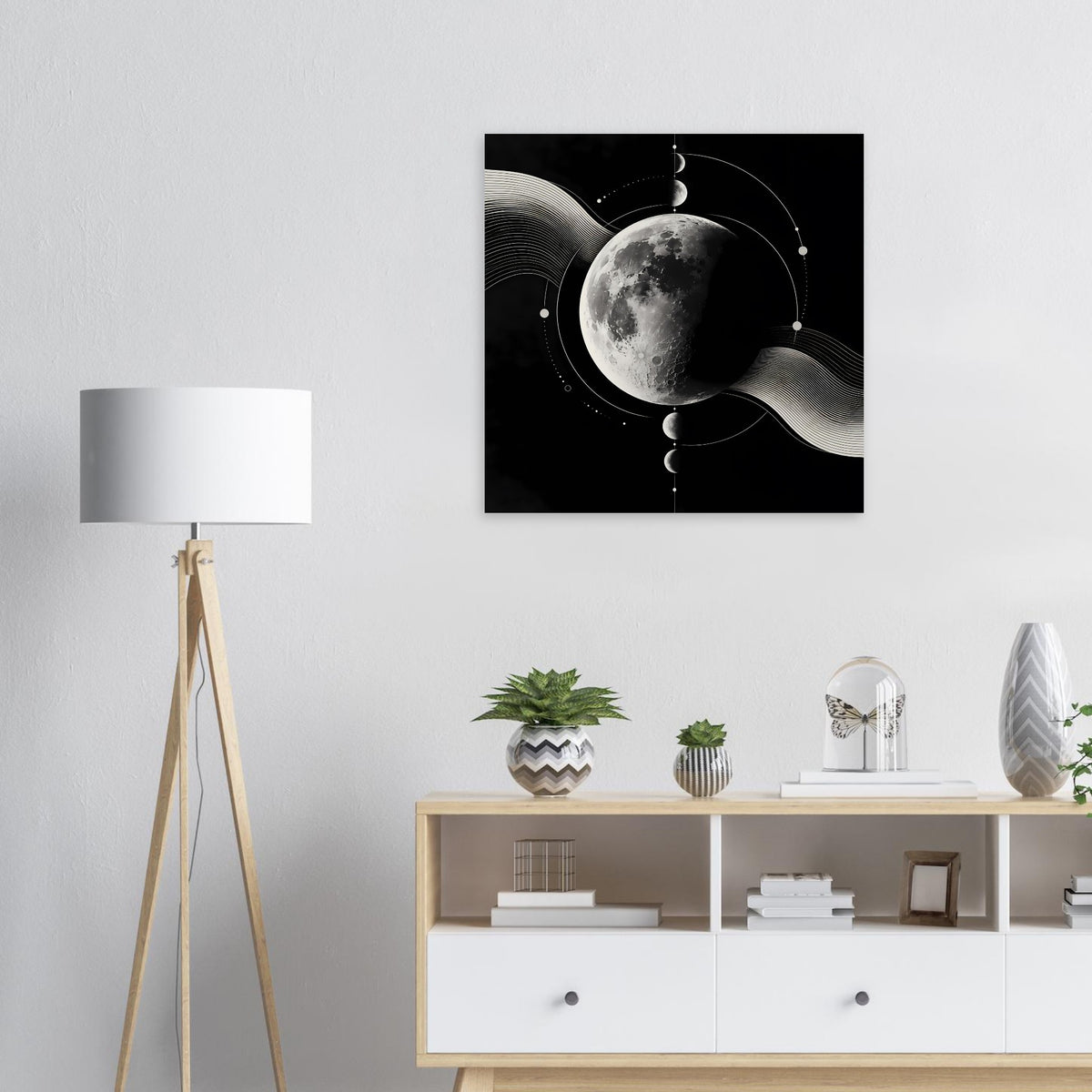Poster mit silbernem Mond und abstrakten Kreisen, Wellenlinien auf schwarzem Hintergrund