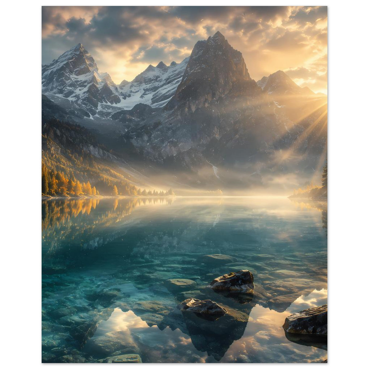 Poster mit Bergsee-Landschaft, goldener Dämmerung und Felsen im Vordergrund