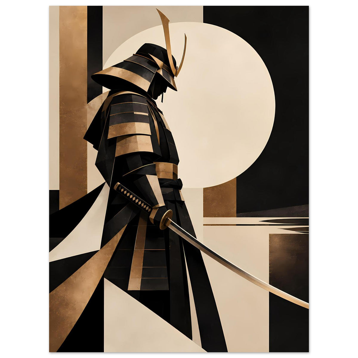 Kunstposter mit Samurai-Silhouette in dunklen Rüstungstreifen, goldene Akzente und Katana