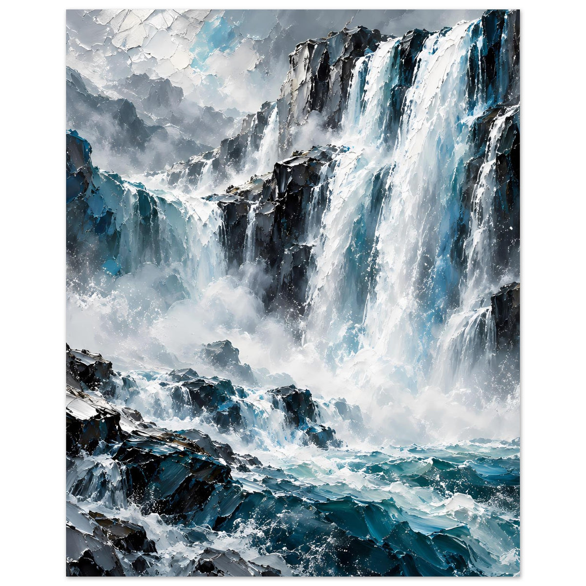 Vertikales Poster mit Wasserfall und Felsen, blau-weiße Wasserfontänen
