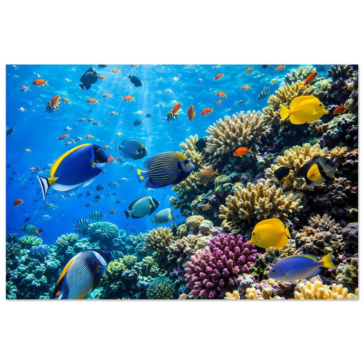 Korallenriff-Poster mit großen Fischen und dichtem Korallenriff, viele Farben im Motiv