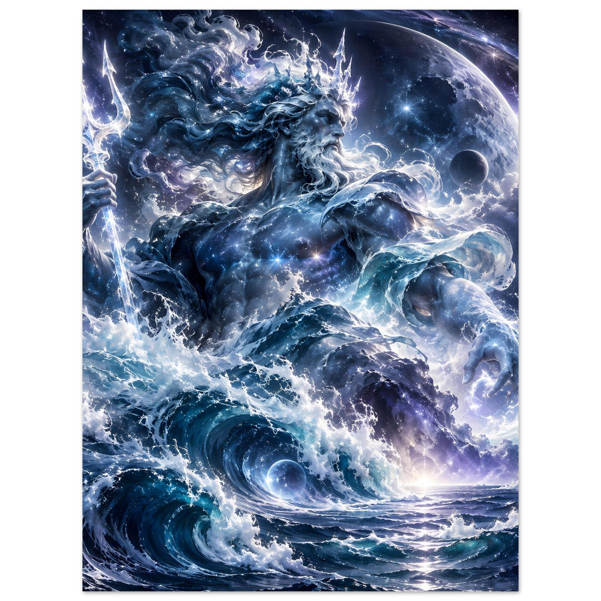 Poster im Hochformat: Ozeangott mit Dreizack, blaue Wolken, Wellen und Planet