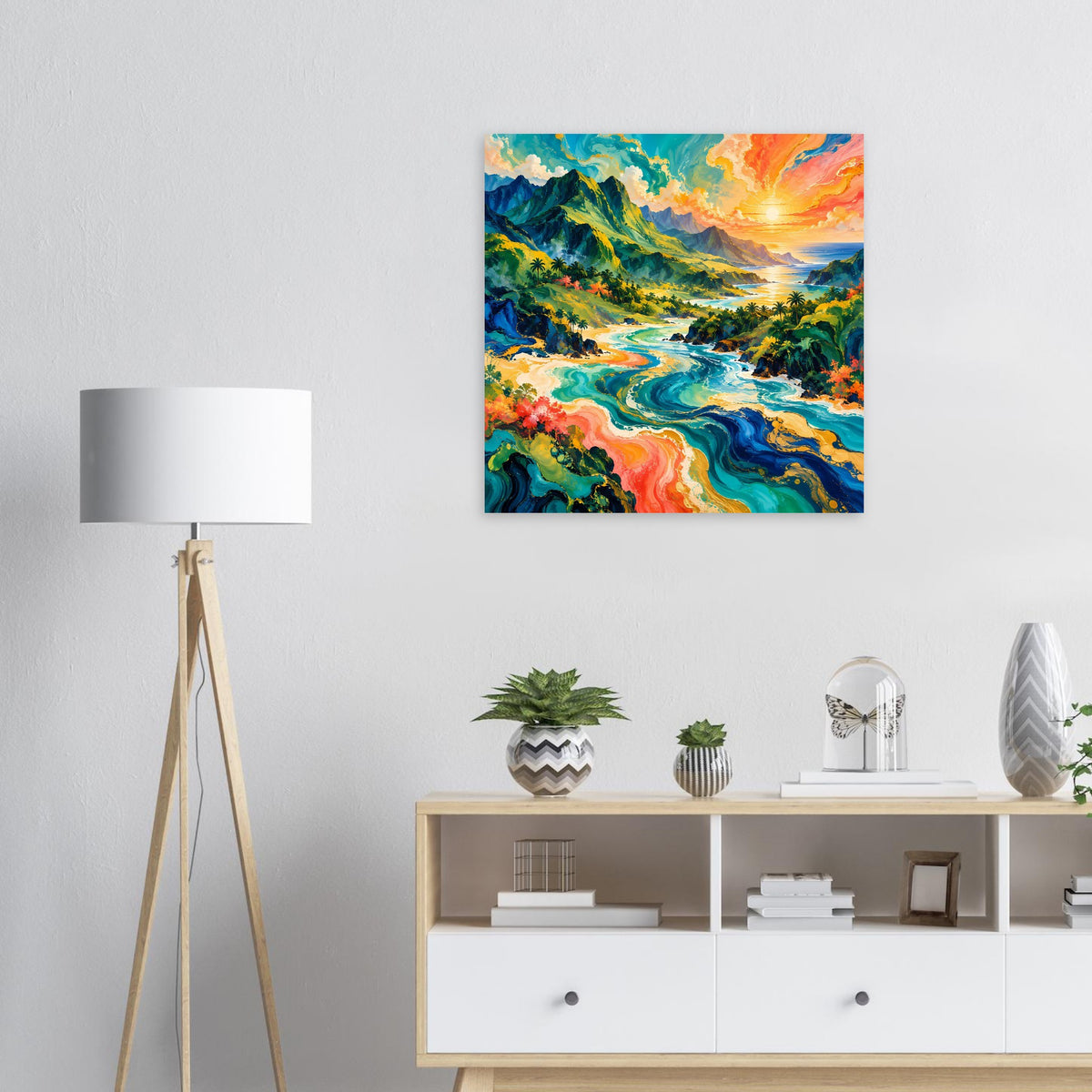 Quadratisches Poster: bunte Dschungelberge, geschwungener Fluss und Sonnenuntergang am Horizont