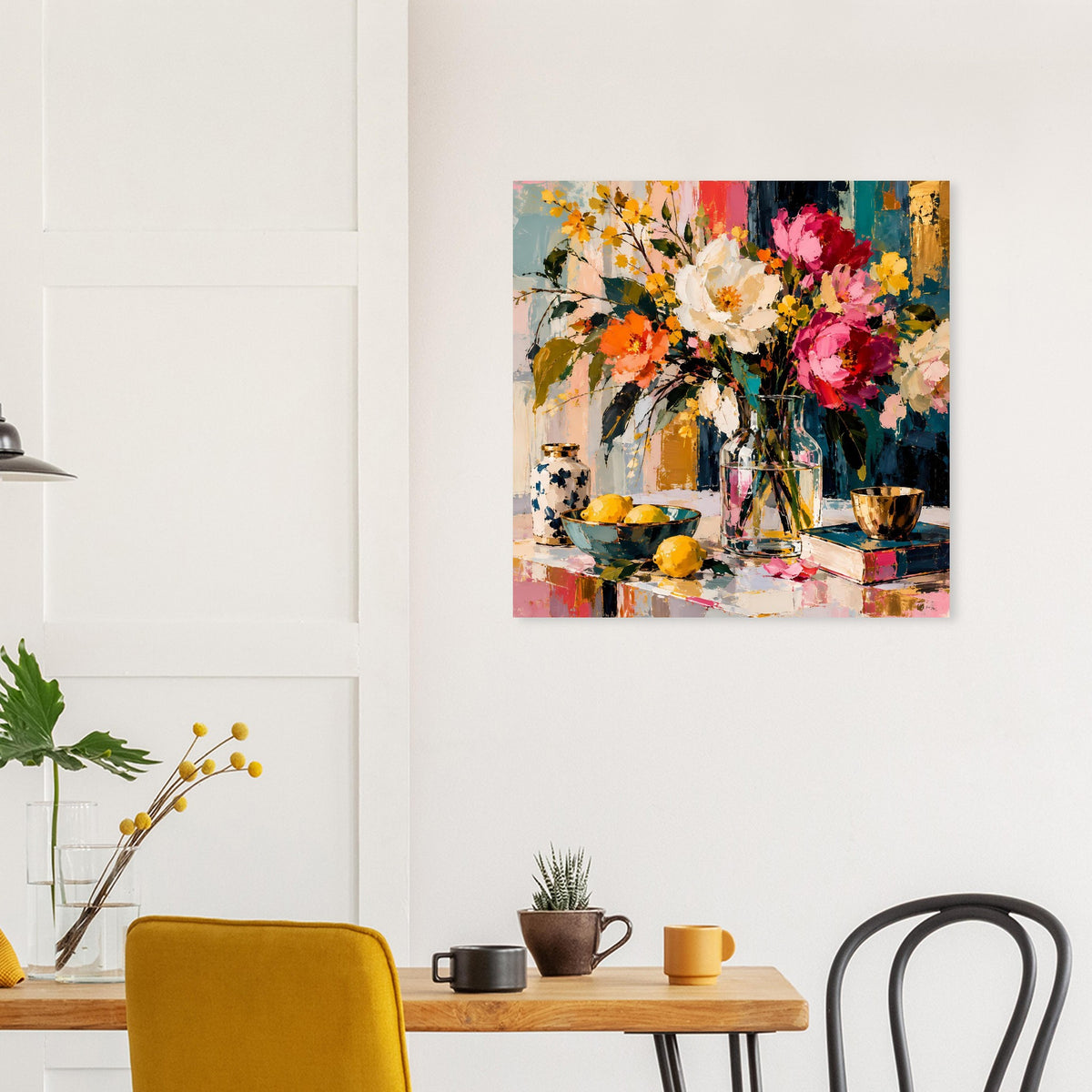 Buntes Floral-Stillleben-Poster im Rahmen an heller Wand über der Kommode