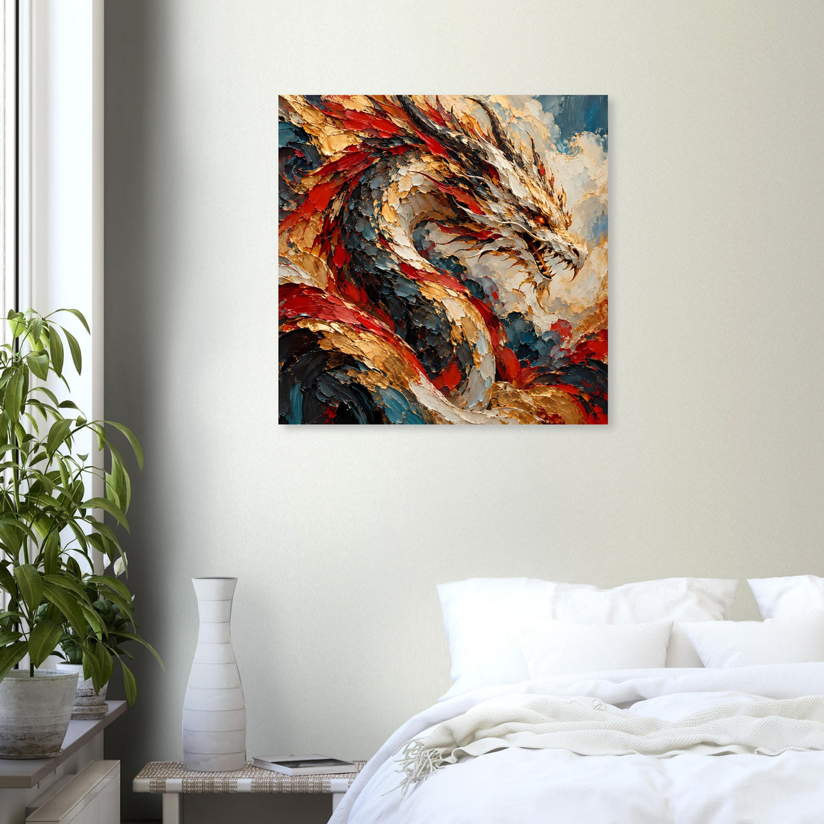 Dekoratives Drachen-Poster in Rot und Gold mit detailreicher Flammen-Textur