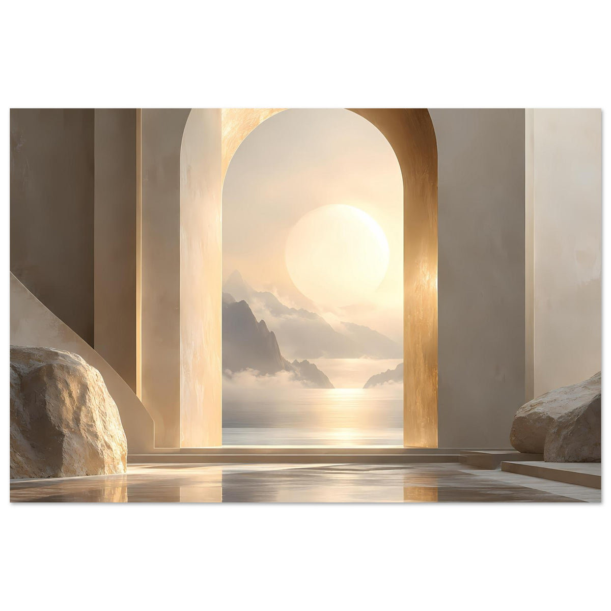 Wandposter im Querformat mit goldenem Portal, Strandlinie, Berge und hellem Sonnenkreis
