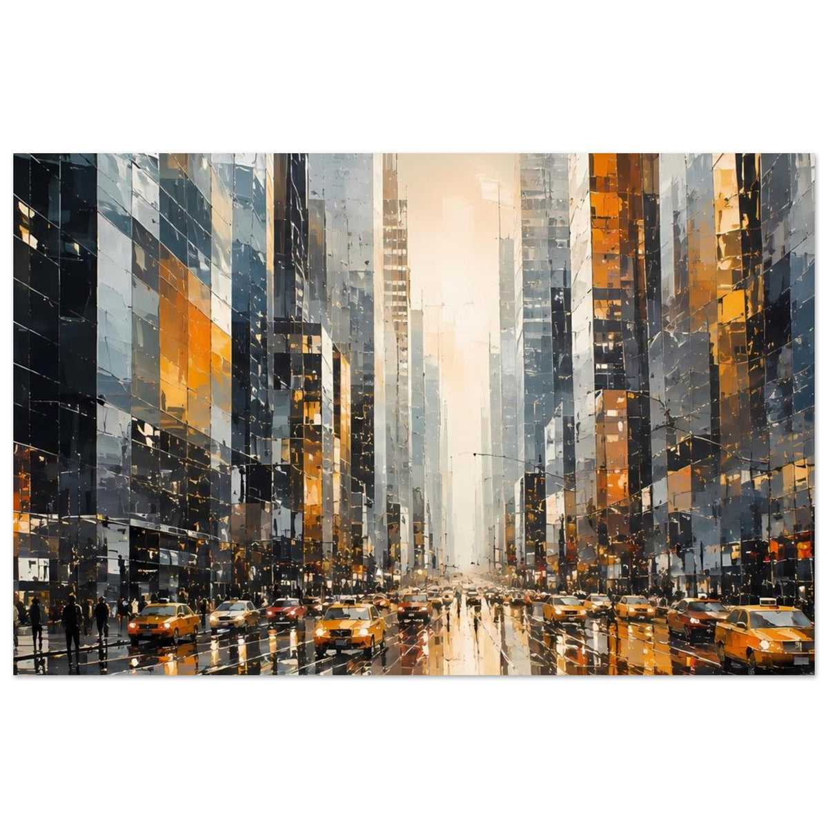 Stadtposter im Querformat mit gelben Taxis, Hochhäusern und reflektierenden Lichtern