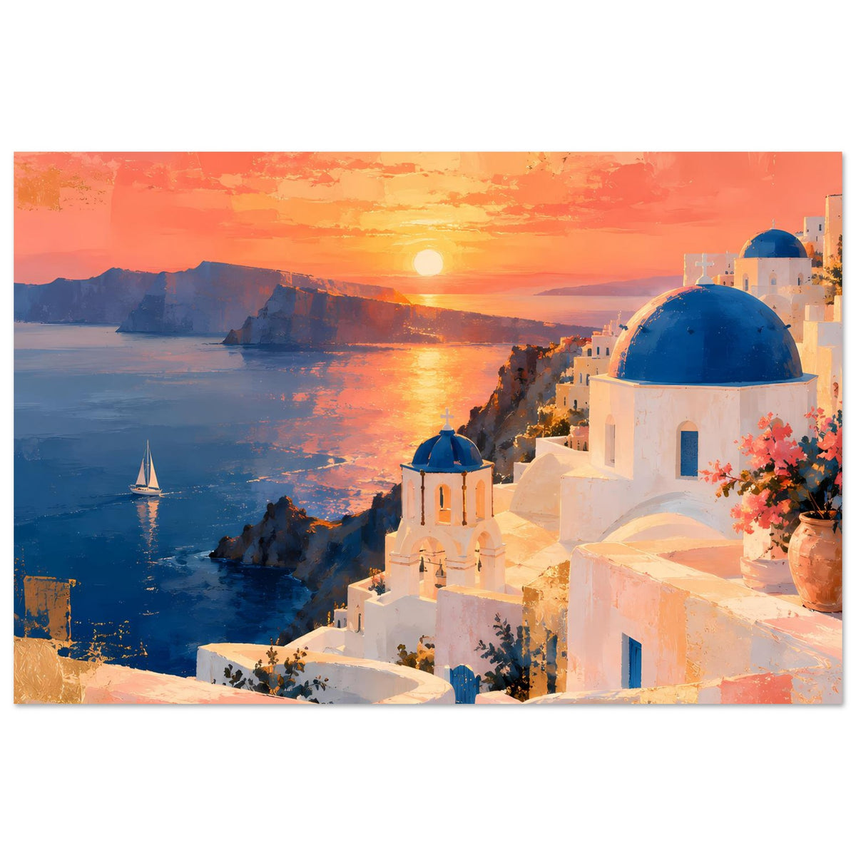 Panoramisches Poster mit Sonnenuntergang, Wasserreflexen und weißen Santorini-Gebäuden