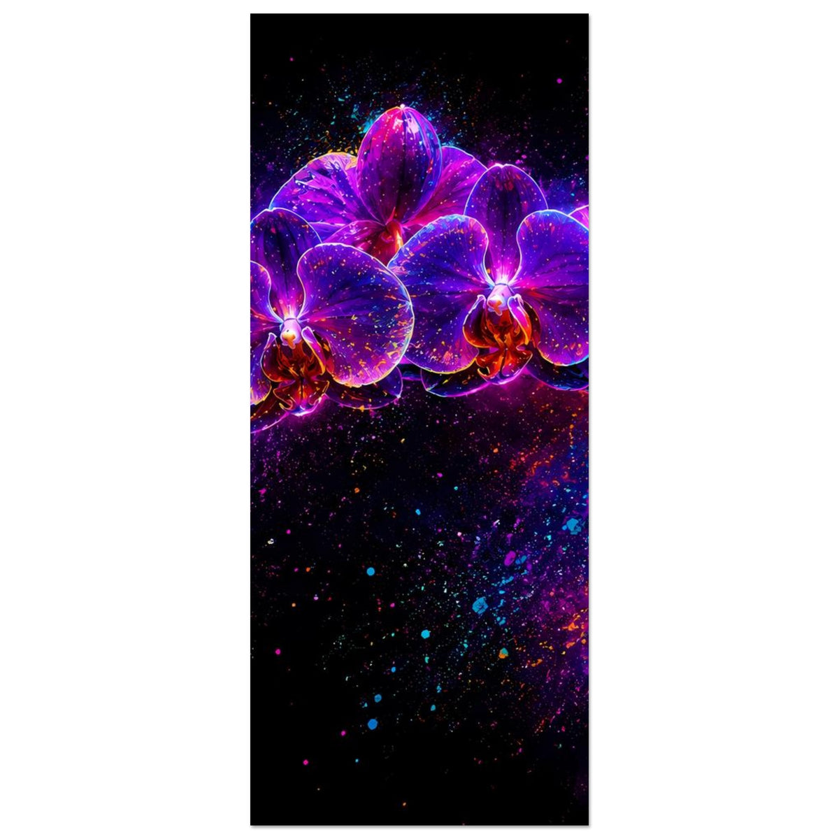 Leuchtendes Orchideen-Blumenposter im Hochformat: pinke und violette Neon-Orchideen
