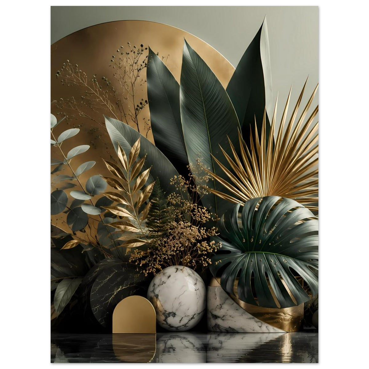 Botanisches Poster mit tropischem Blätter-Motiv, Goldakzenten und Marmorkugeln