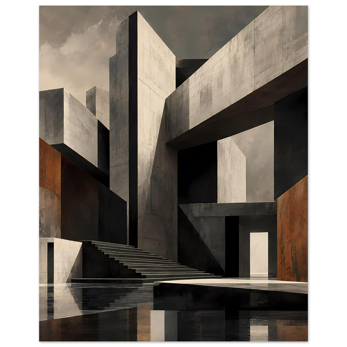 Architektur-Poster: Geometrische Wände mit Treppe, beige-graue Flächen und braune Seitenbalken