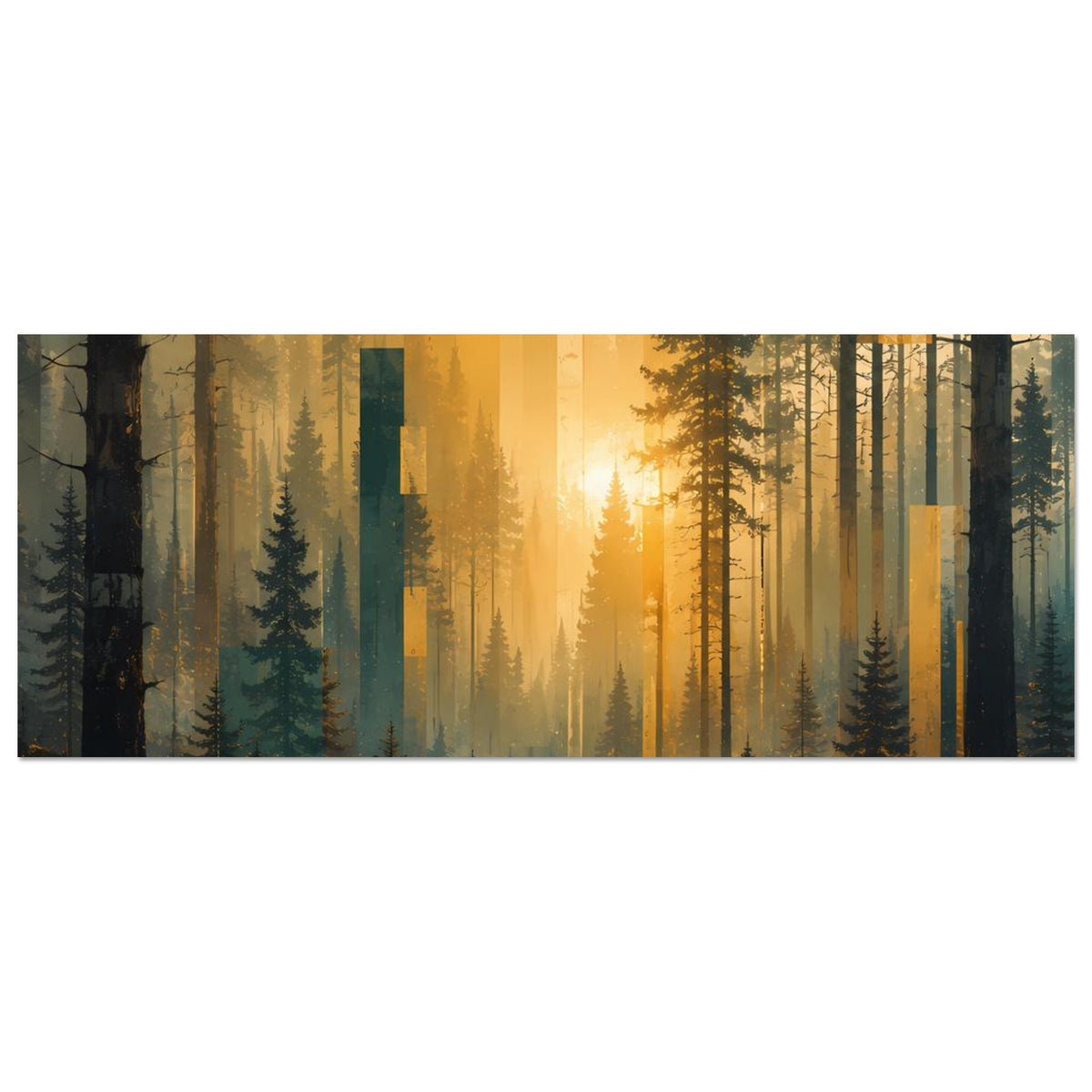 Horizontales Poster mit Wald und Sonnenaufgang, warmes Licht zwischen hohen Bäumen