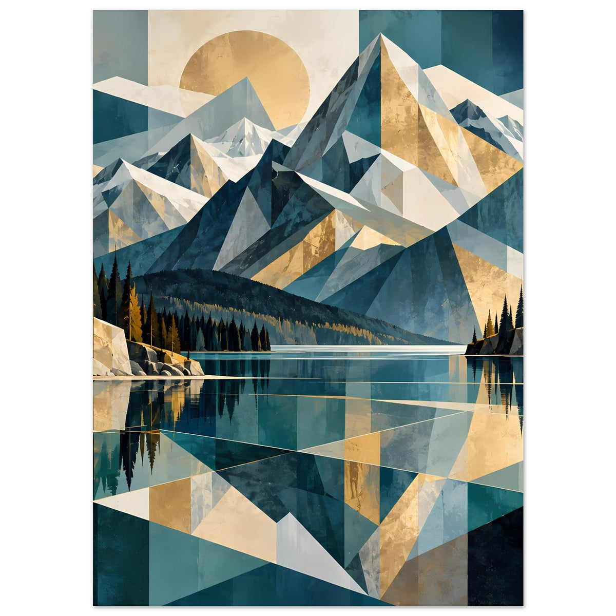 Wandposter: geometrische Bergspitzen über See, diagonale Formen, Blau und Beige