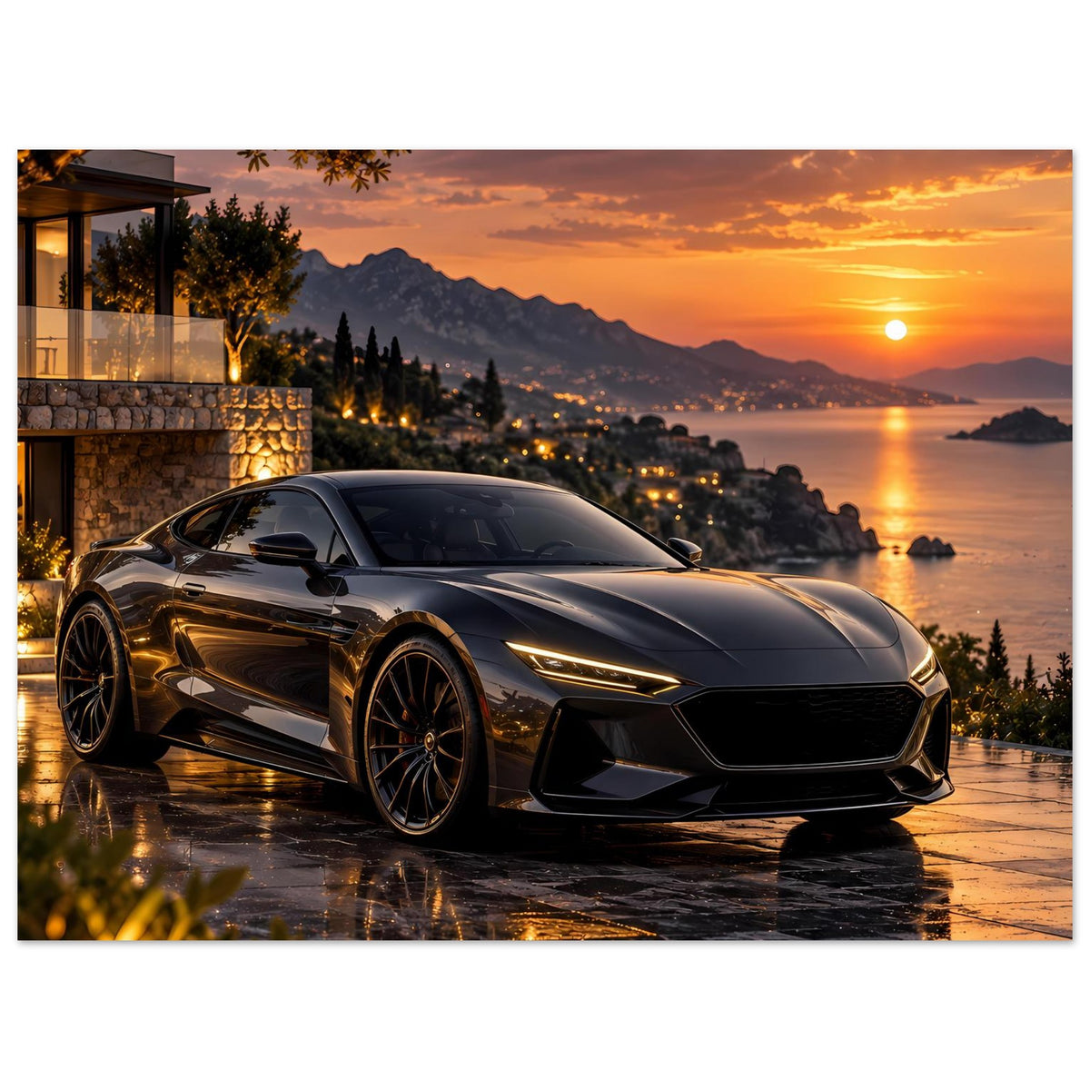Sonnenuntergangs-Poster mit schwarzem Sportwagen, Detail der Scheinwerfer und Felgen