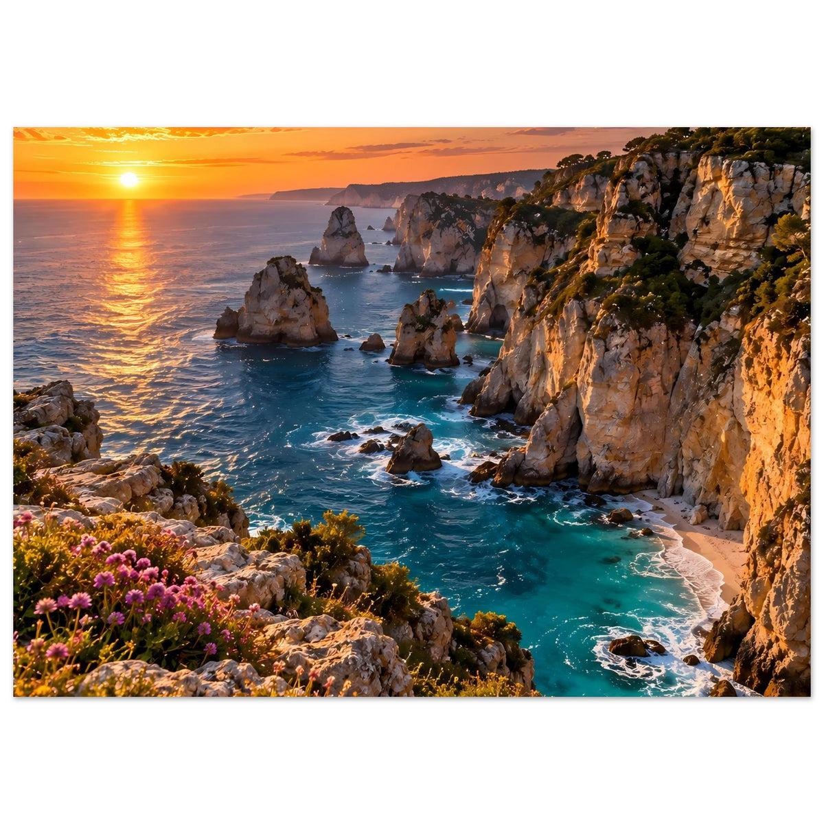 Horizontales Poster mit Küstenblick: Sonnenaufgang, türkisblaues Wasser und Felswände
