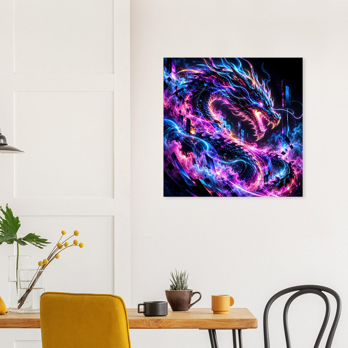 Quadratisches Poster mit Cyber-Drachen, Neonpink, Neonblau und Violett, schwarzer Rahmen