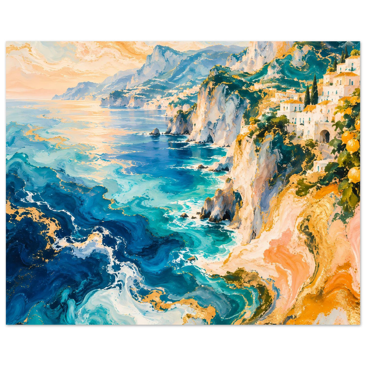 Küstenposter mit türkisem Meer, weißen Felsen, grüner Vegetation und orangeem Licht