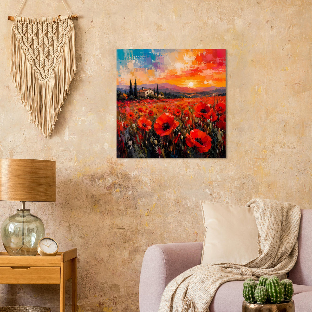 Quadratisches Poster mit rotem Mohnfeld und mediterraner Landschaft im Sonnenuntergang