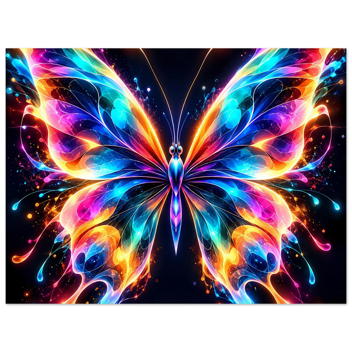 Neon-Schmetterlingsposter im Querformat, große leuchtende Flügel und farbige Lichtströme