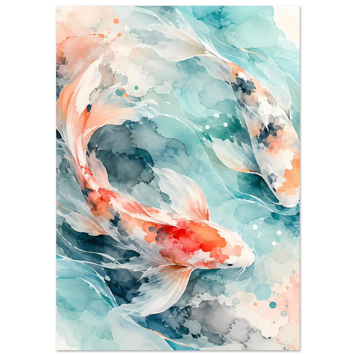 Poster mit Aquarell-Koi in Türkis und Koralle, dynamische Flossen, Hochformat