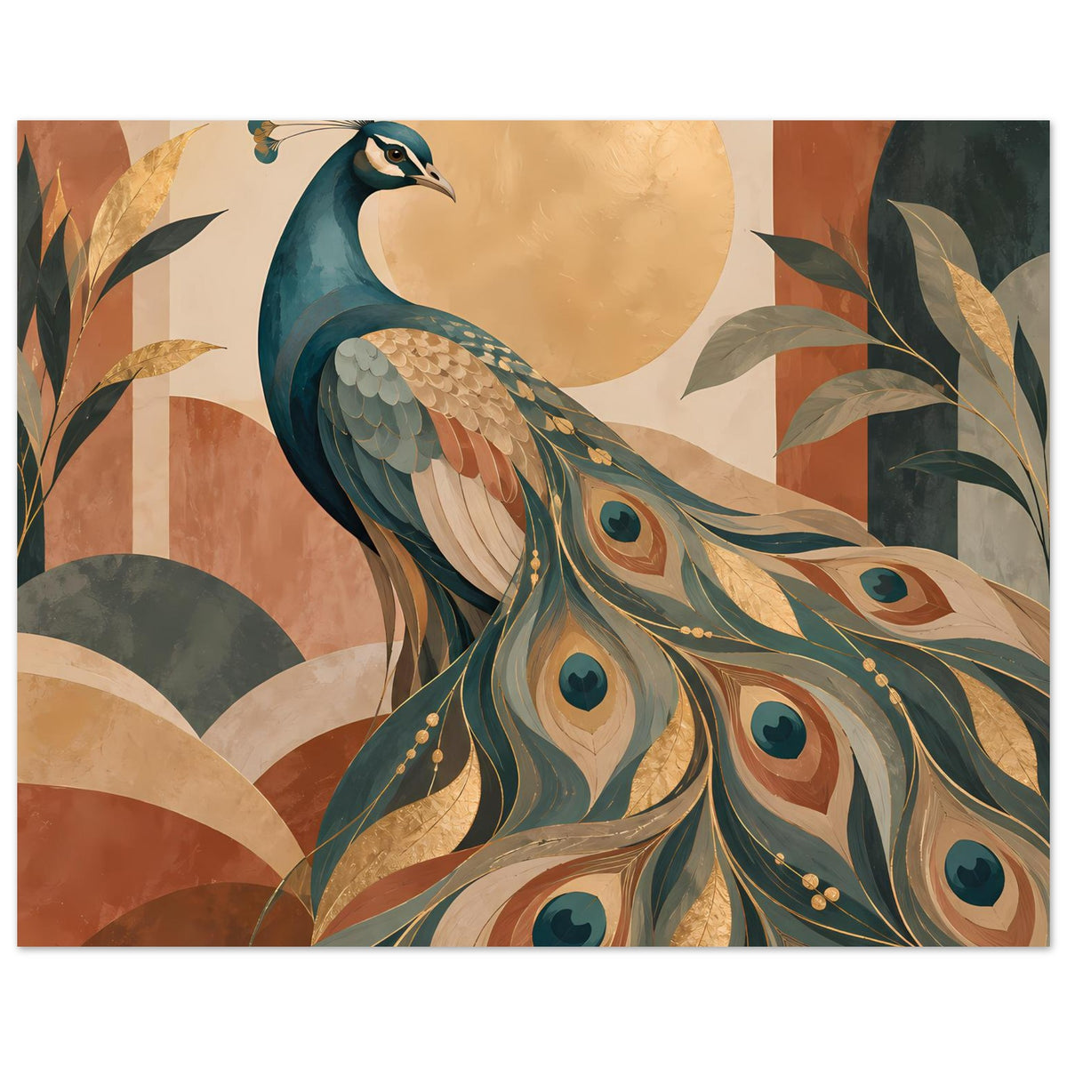 Rechteckiges Pfau-Poster mit Pfau in warmen Erdtönen, goldenen Details und Blättern