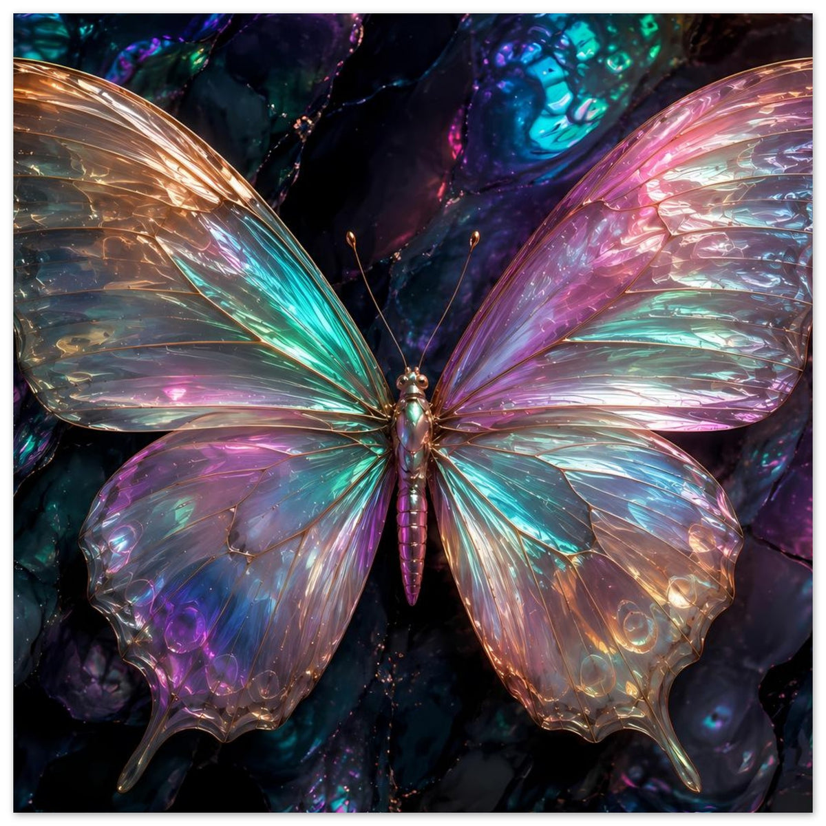 Naher Ausschnitt am Poster: schillernder Schmetterling mit Flügeln in Blau- und Rosatönen