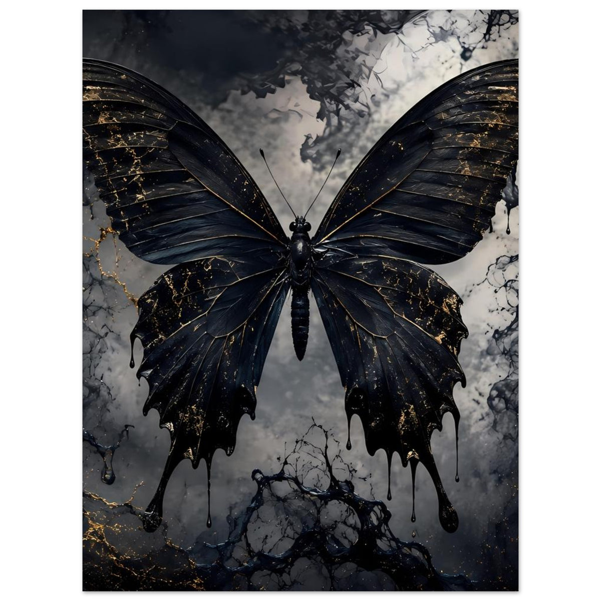 Poster mit schwarzem Schmetterling, goldene Adern auf den Flügeln, mittig ausgerichtet