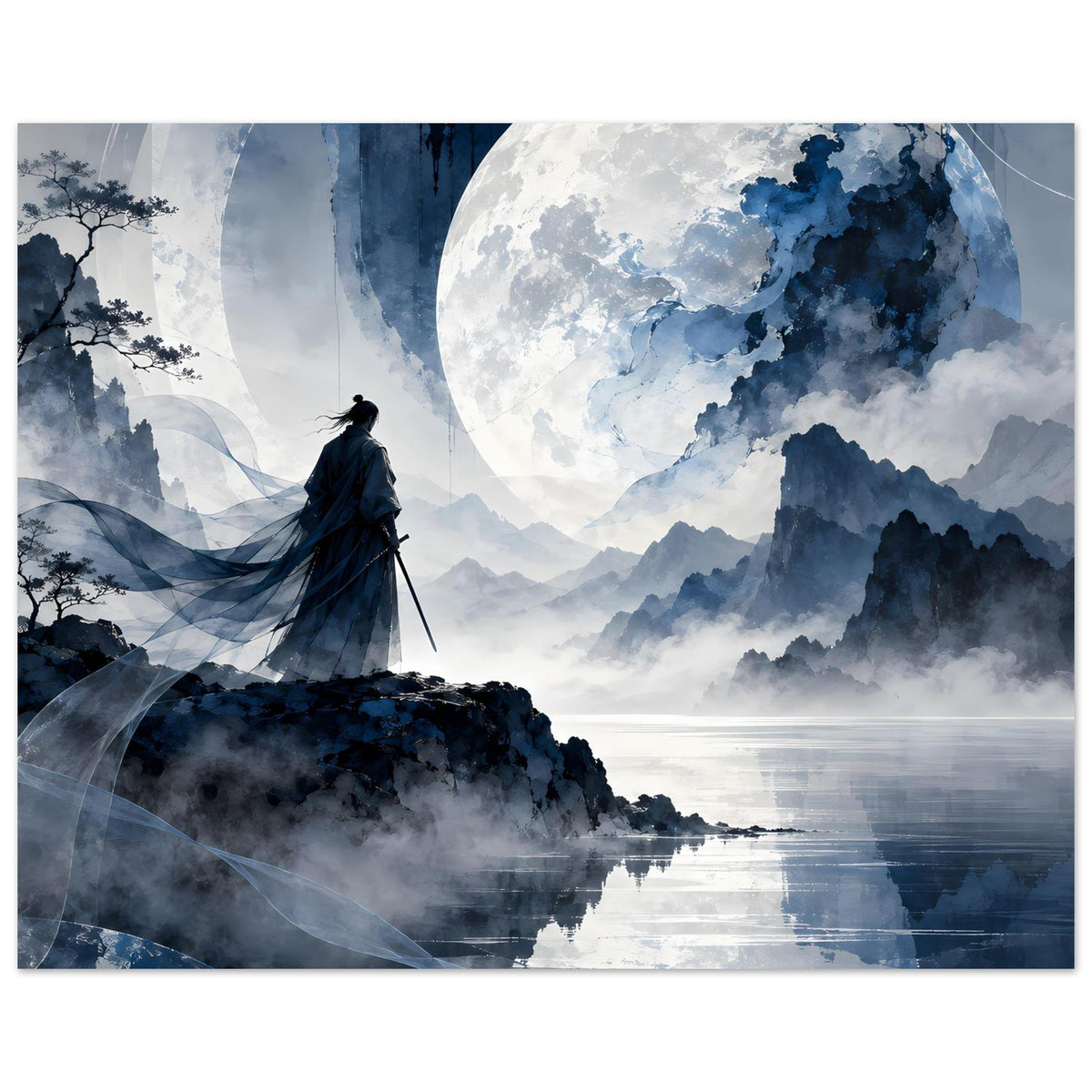 Matte Poster querformat: Samurai im dunklen Umhang, riesiger Mond, Berge, Nebel und Spiegelung