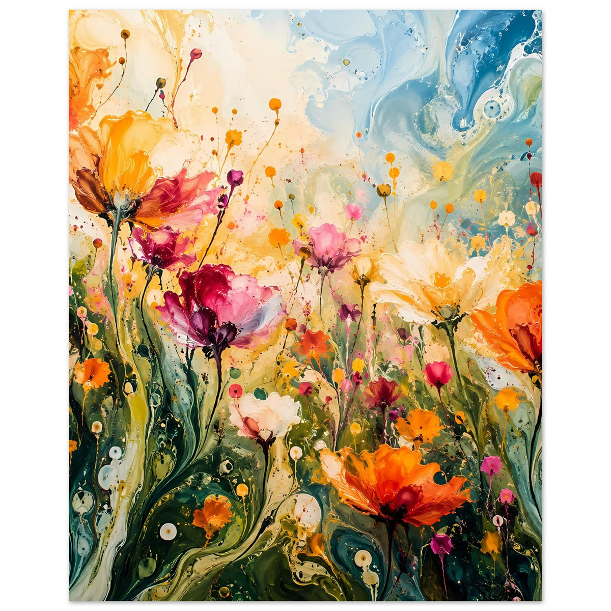 Blumenposter mit abstrakten Blüten in Orange, Pink und Blau, vertikal