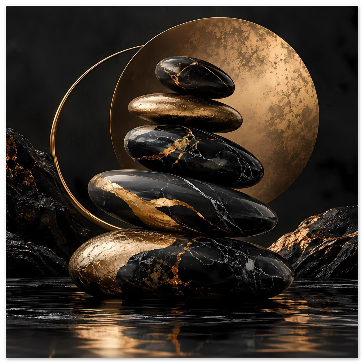 Poster mit Zen-Steinen: schwarze und goldene Steine mit goldener Kreislinie und Spiegeloptik