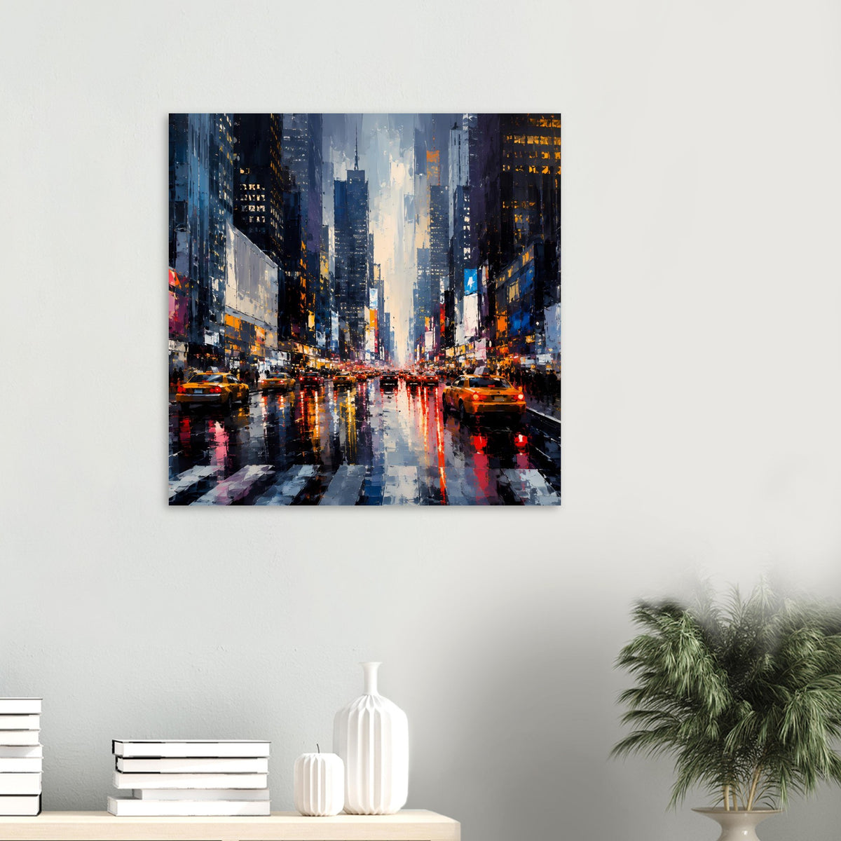 Gerahmtes Stadtposter mit nasser Straßenlandschaft, spiegelnden Lichtern und Skyline bei Nacht