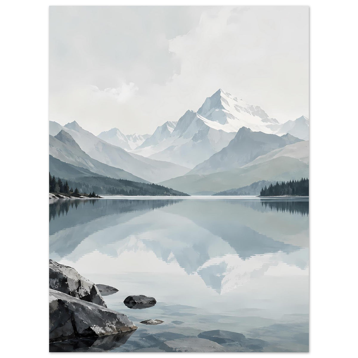 Kunstdruck eines Bergsees mit Spiegelung der Wolken, Felsufer links unten, vertikal