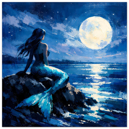 Wandposter mit sitzender Meerjungfrau und hellem Vollmond über blauem Meer