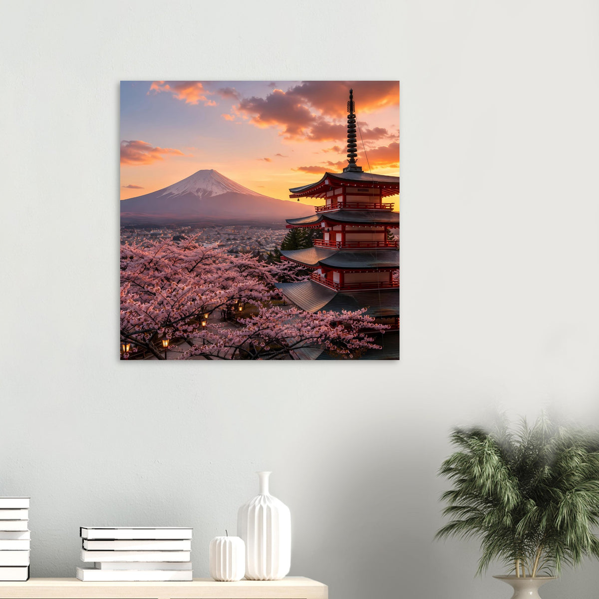 Poster im Hochformat mit Kirschblüten, Mount Fuji und rotem Tempel bei Dämmerung