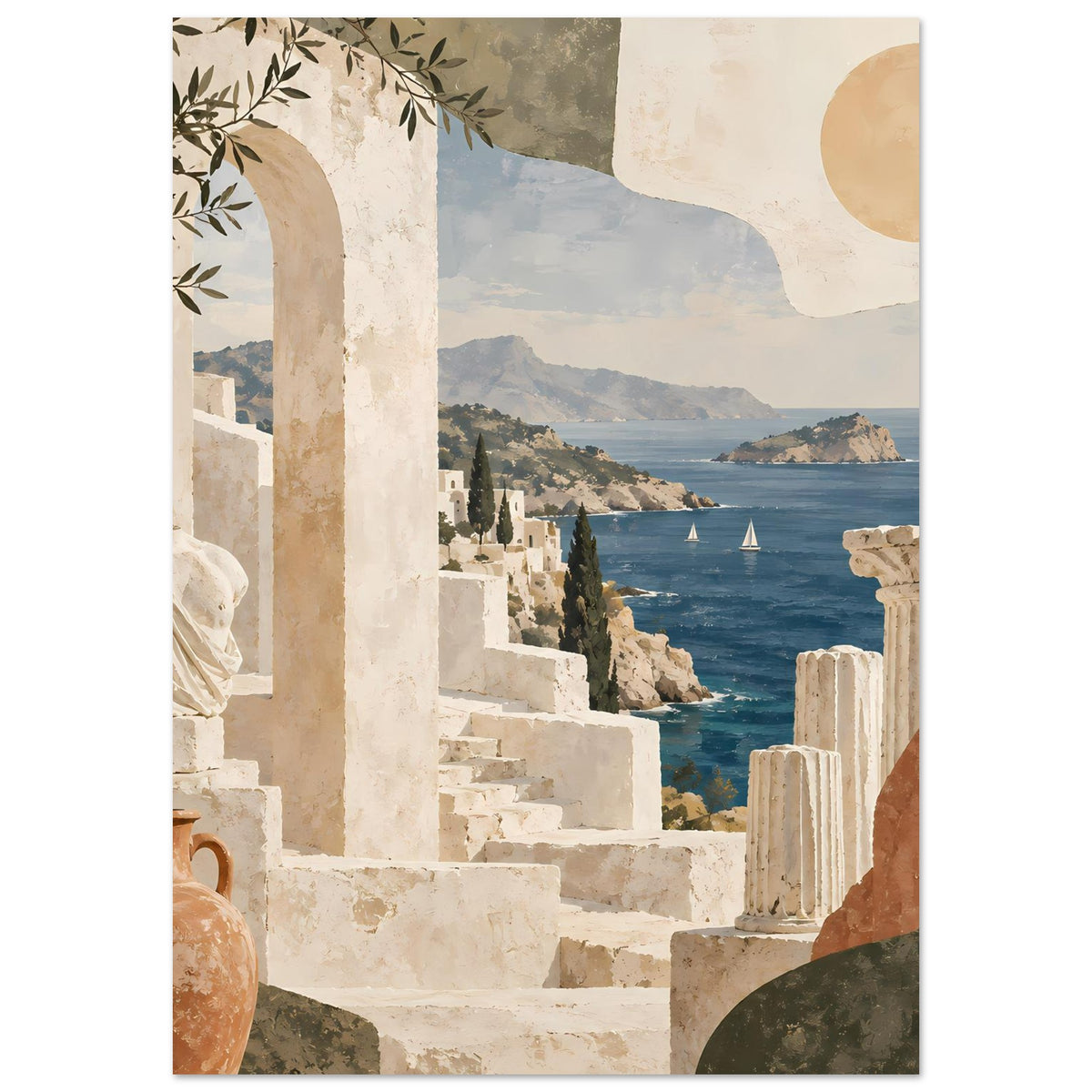 Urlaubs-Poster: mediterrane Küste mit antiken Steinsäulen, Treppen und Meer im Hintergrund