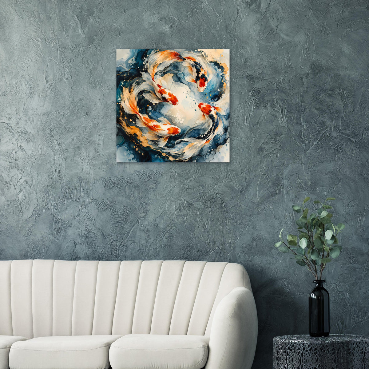 Quadratisches Kunstposter mit Koi-Fischen im Wirbel, Blau-Orange und helles Zentrum