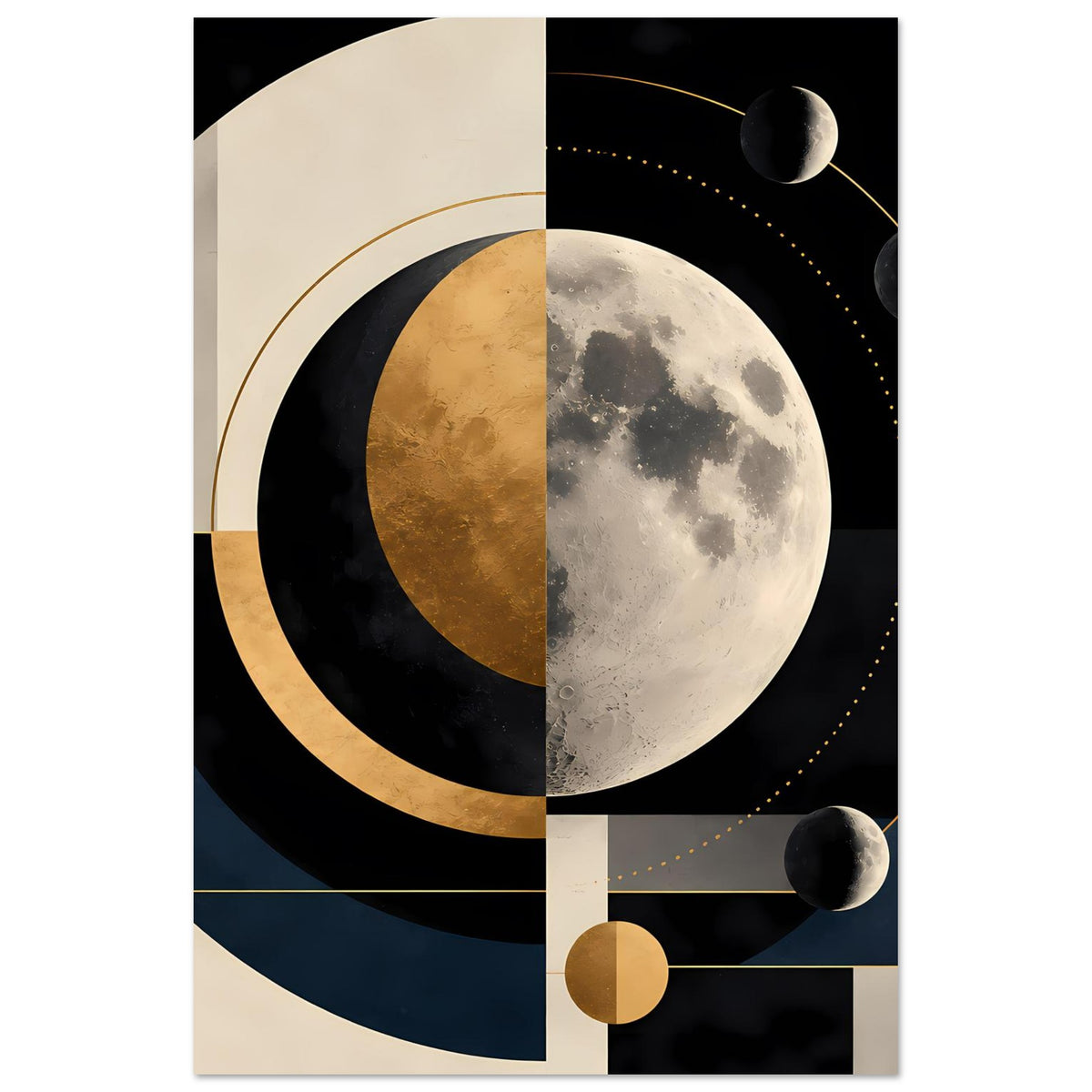 Abstrakter Mondkunst-Druck mit Mondscheibe, goldenen Konturen und dunklen Planeten