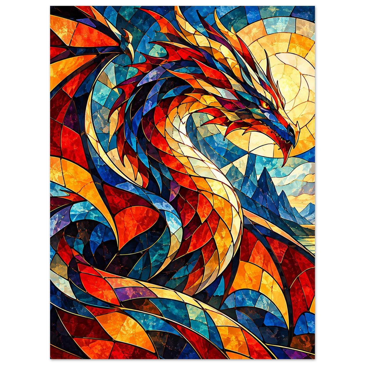 Drachen-Glasmalerei-Poster mit Drachenkopf und Flügeln in Mosaikoptik