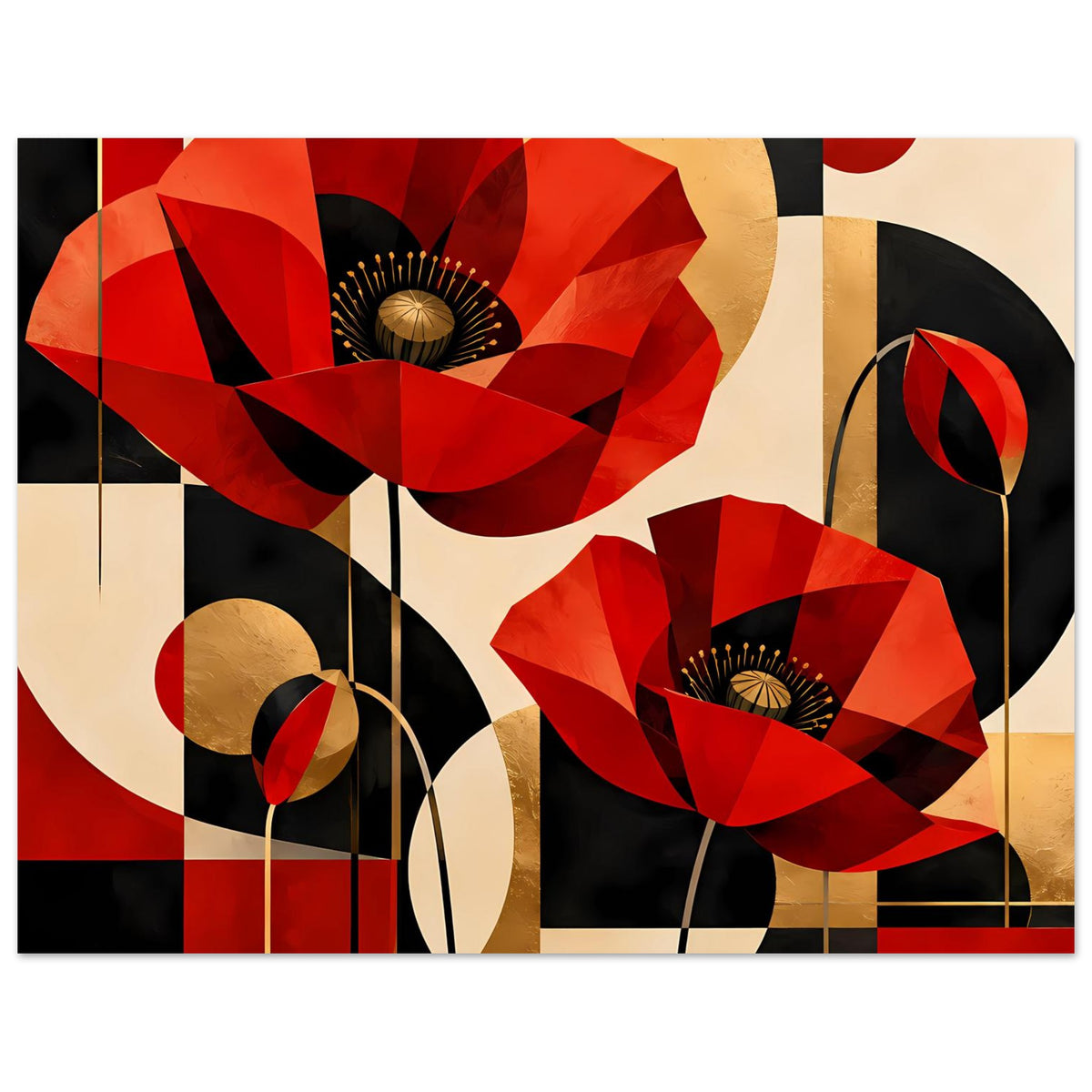 Kunstposter mit roten Mohnblüten, goldfarbenen Details und geometrischen Farbblockflächen