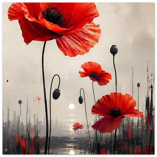 Abstraktes Mohnblumen-Poster mit roten Blüten und schwarzen Stielen, mehrere Größen