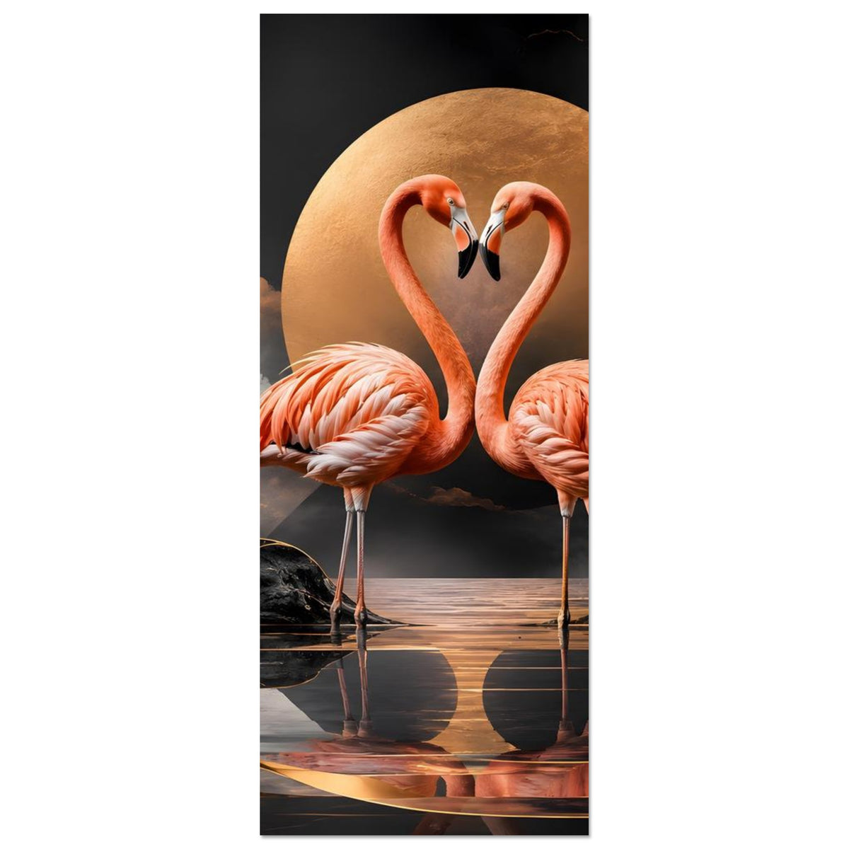 Vertikales Flamingo-Kunstposter: zwei orange Flamingos im Herzmotiv, goldener Kreis, dunkler Hintergrund