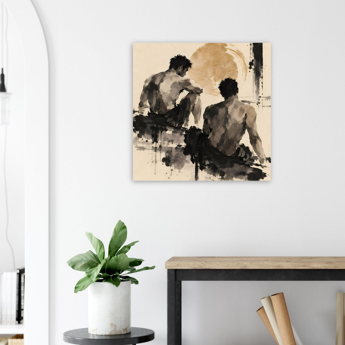 Figuratives Kunstposter mit zwei Rückenfiguren in warmem Sepia, schwarz akzentuiert, gerahmt
