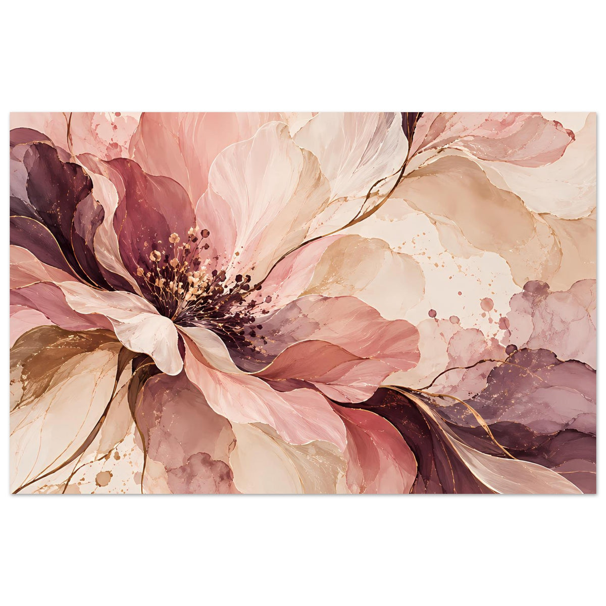Blütenposter im Rahmen mit großen Rosa-Blüten und beigen Aquarellflächen, diagonal angeordnet